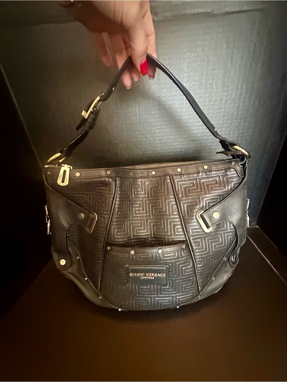Versace Black Textured Leather Shoulder Bag with Gold Hardware authentic